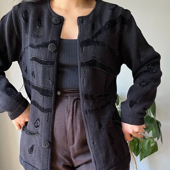 vtg black beaded long sleeve cardigan sweater designer Jack B quick Medium - Picture 8 of 8